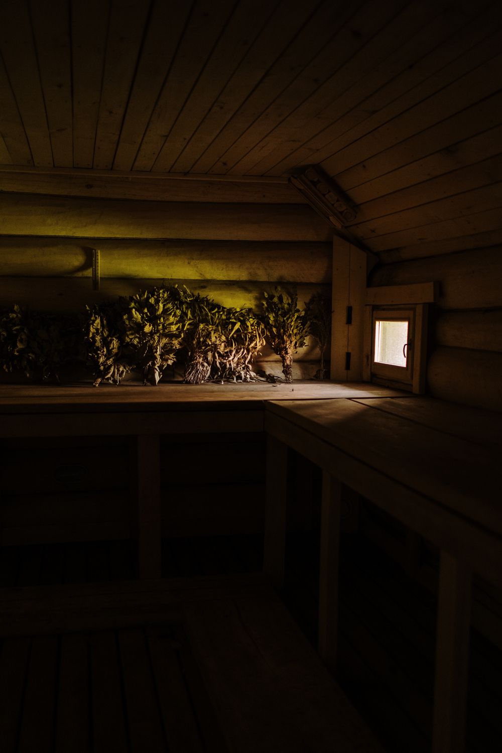 Wooden sauna interior with warm light